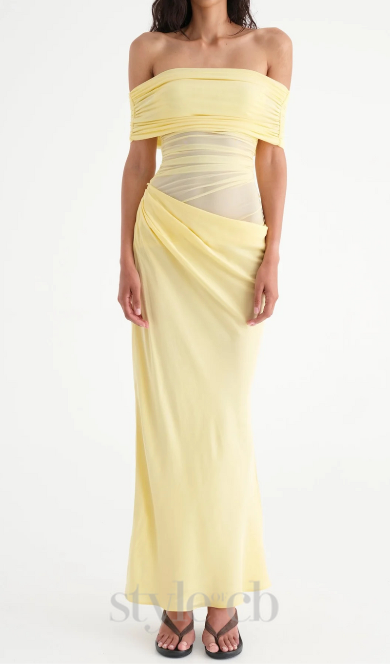 Reanko Off Shoulder Ruched Mesh Maxi Dress - Yellow