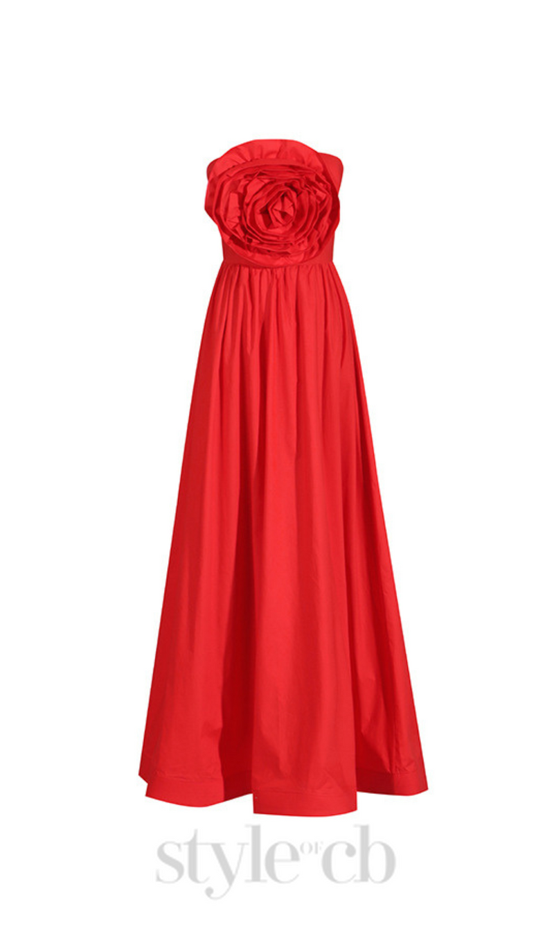 OFF-SHOULDER 3D FLOWER CHIFFON MAXI DRESS IN RED