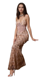 Carol Sequin Fringe Maxi Dress In Apricot