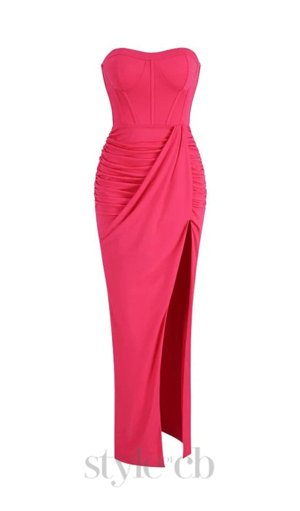 STRAPLESS RUCHED DRESS IN HOT PINK