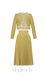 draped top pleat skirt set in yellow