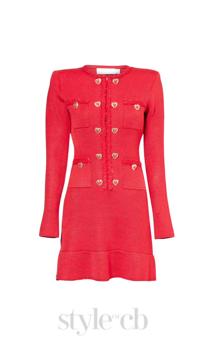 BETTY PATCH-POCKET ROUND-NECK KNITTED MINI DRESS IN RED