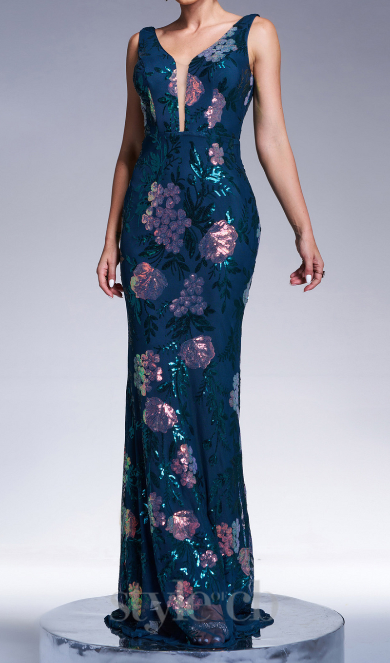 sleeveless sequin print maxi dress in dark green