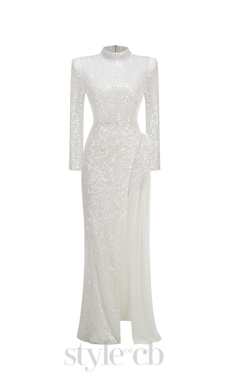 YVETTE PEARL EMBELLISHED SEQUIN MAXI DRESS IN WHITE