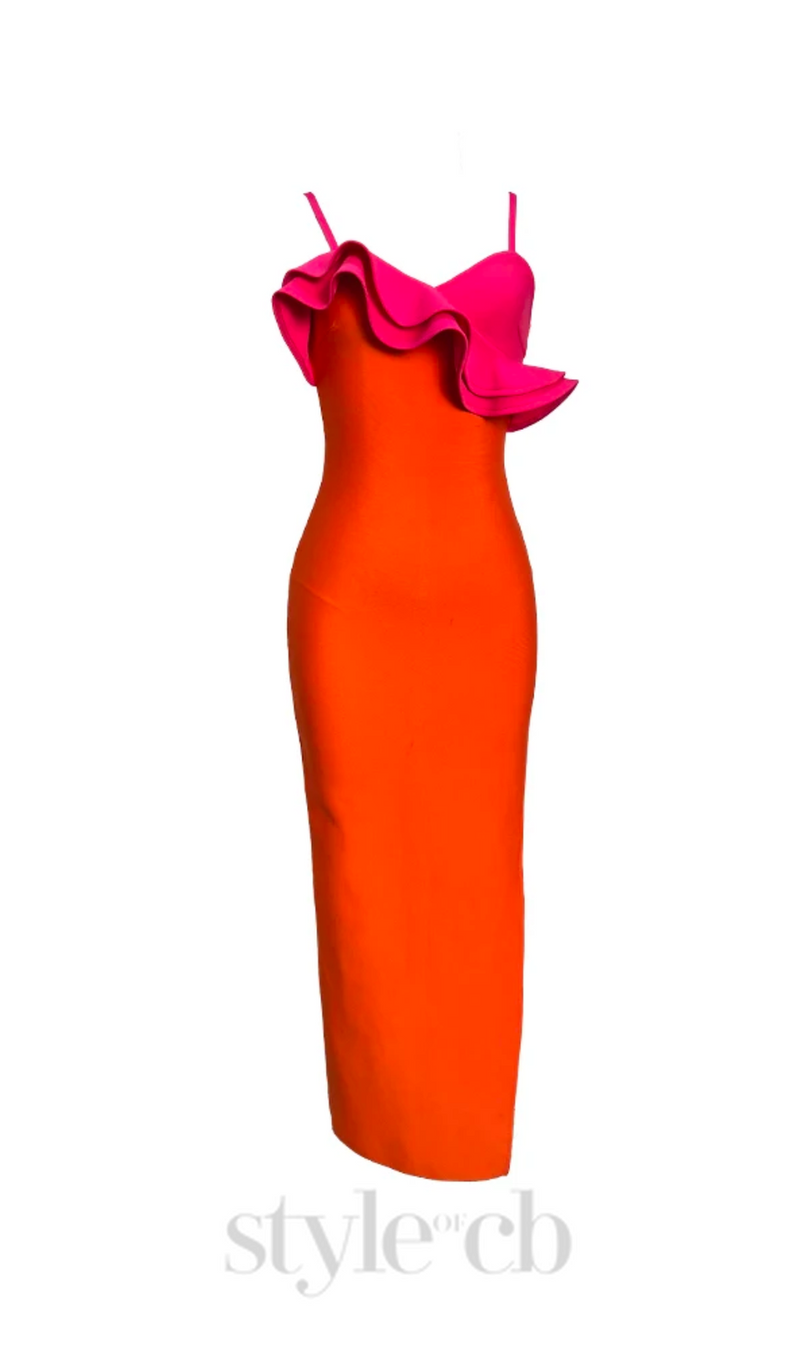 SIMONA ORANGE RUFFLE STRAP BANDAGE MAXI DRESS