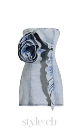 ALISON BLUE RUFFLED TRIM STRAPLESS DENIM MINI DRESS