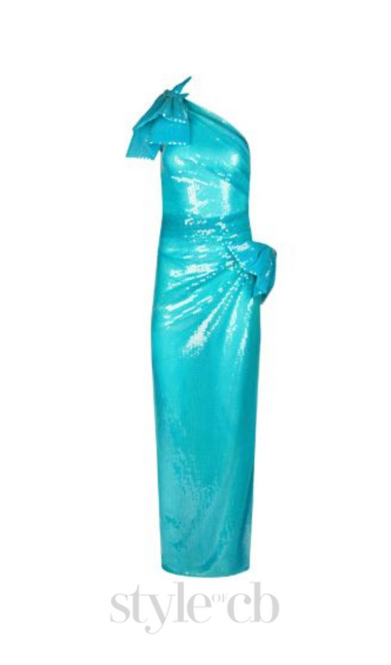 One Shoulder Bow Sequin Maxi Dress in blue