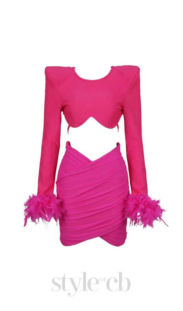 JENNIFER LONG SLEEVE FEATHER MESH BANDAGE SET IN PINK