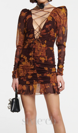 floral print hollow tulle mini dress in brown