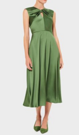 twist neck satin midi dress in green