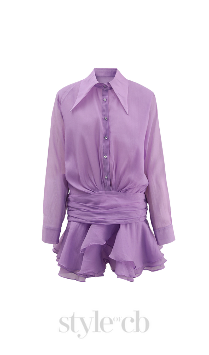 EMBER RUCHED RUFFLE MINI DRESS IN PURPLE