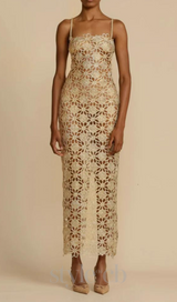 AGNES GOLD LACE CROCHET CUTOUT MIDI DRESS