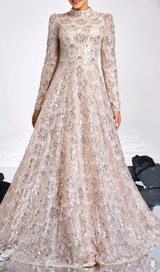 Long Sleeve Lace Back Sequin maxi Dress in gold