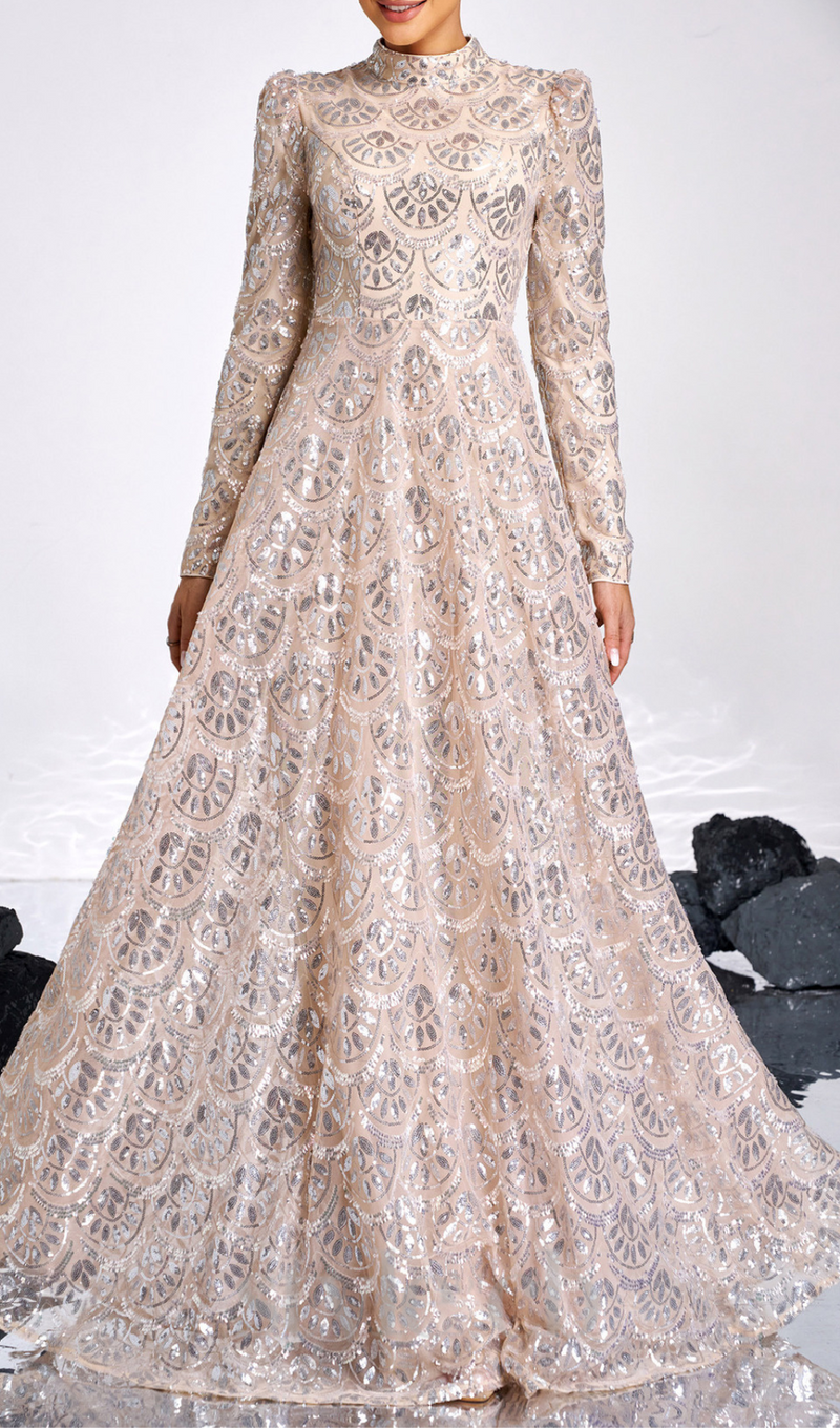 Long Sleeve Lace Back Sequin maxi Dress in gold