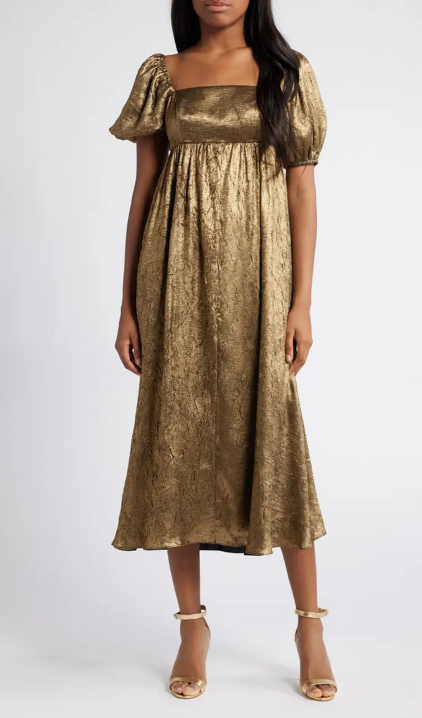 trista square neck puff sleeve midi dress in gold