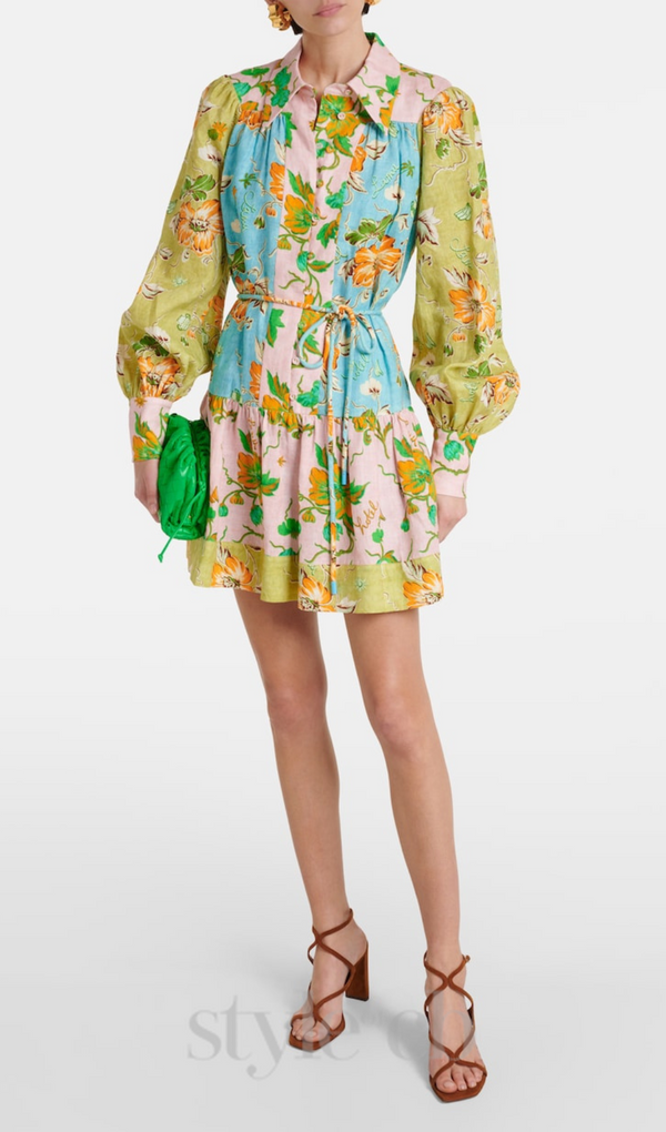 DONNA PRINTED COLORBLOCKED LINEN SHIRT DRESS