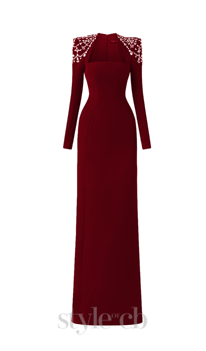 long sleeve trapezoid neckline bodycon  maxi dress in red