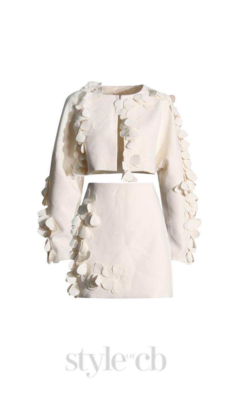 ESTHER WHITE 3D FLORAL LONG SLEEVE TOP MINI SKIRT SET