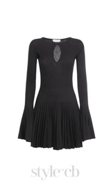 pleated wool knit long sleeve mini dress in black