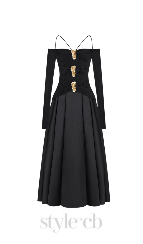 black A-line Cold Shoulder Sleeved Spandex Taffeta Maxi Dress