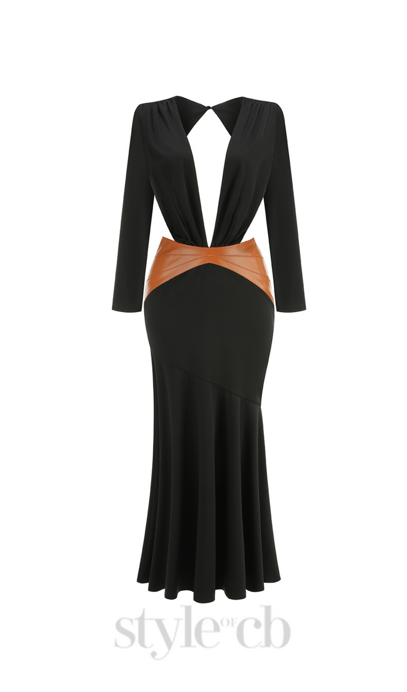 ASHLEY BLACK MAXI DRESS WITH OPEN BACK AND LEATHER PANE