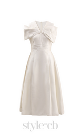 ALICE BEIGE WHITE PLEATED BOW OFF-SHOULDER MIDI DRESS