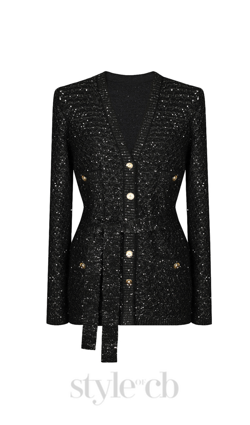 sequin knit v-neck cardigan in black