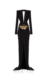 Black Stretchy Gold Flower Embroidered V-Neck Long Sleeved Maxi Dress