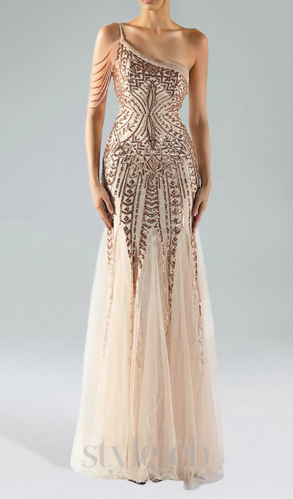 DEIRDRE GOLD ONE-SHOULDER SEQUINED FISHTAIL MAXI DRESS