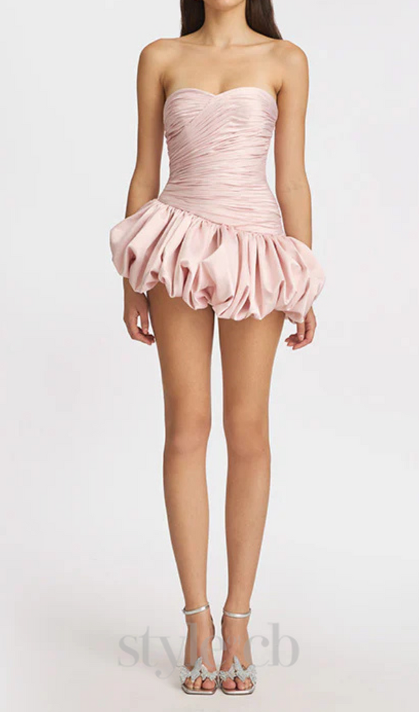 Balloon Draped strapless Mini Dress in pink