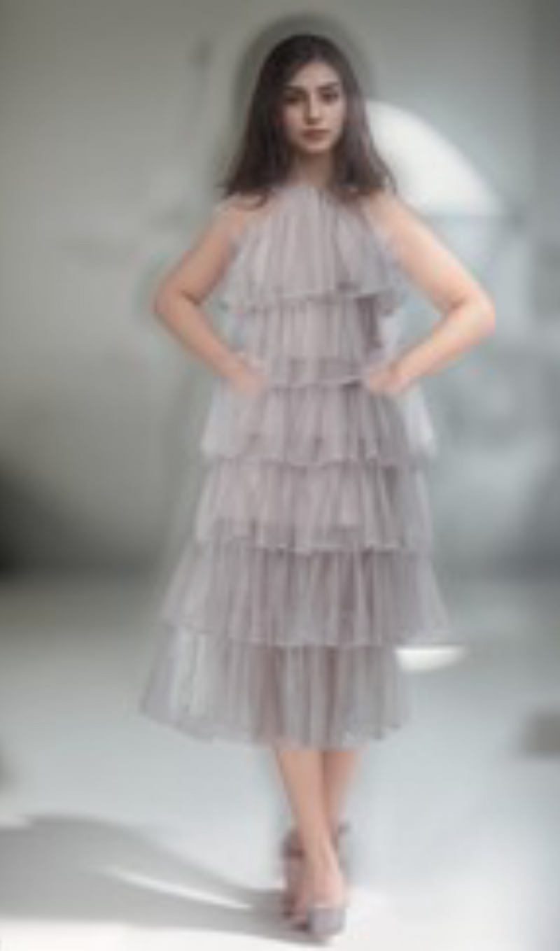 Layered Ruffle Halter Dress with Sparkle Sheer Fabric