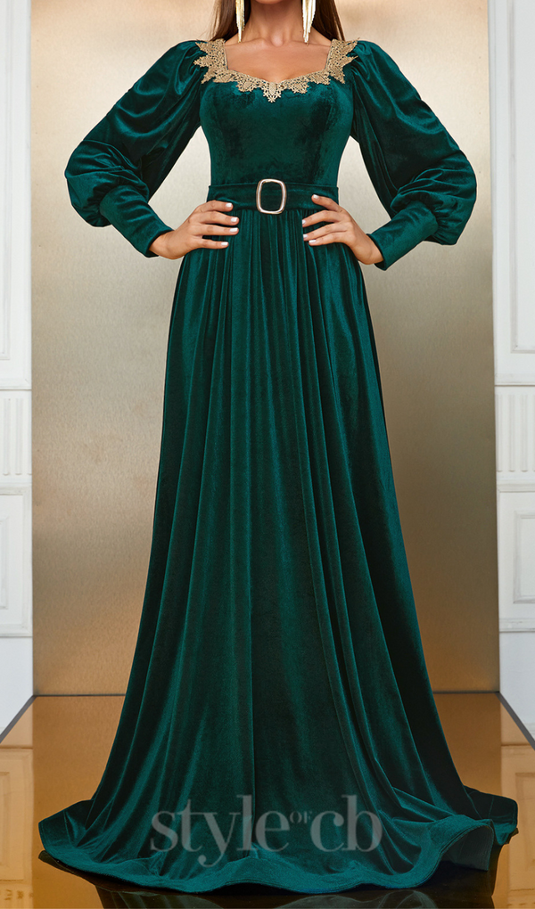 ATHENA VELVET LANTERN SLEEVE MAXI DRESS IN DARK GREEN