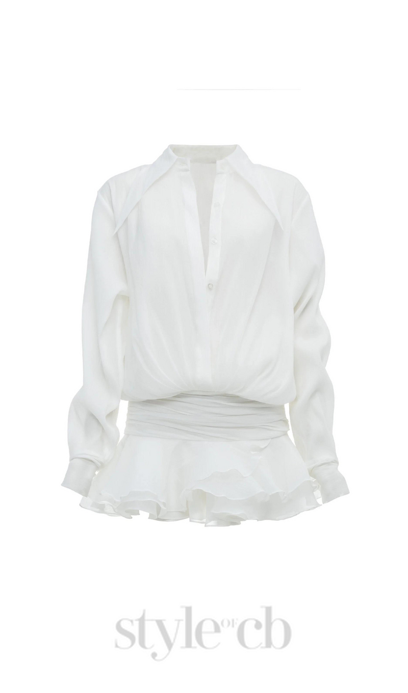 EMBER RUCHED RUFFLE MINI DRESS IN WHITE