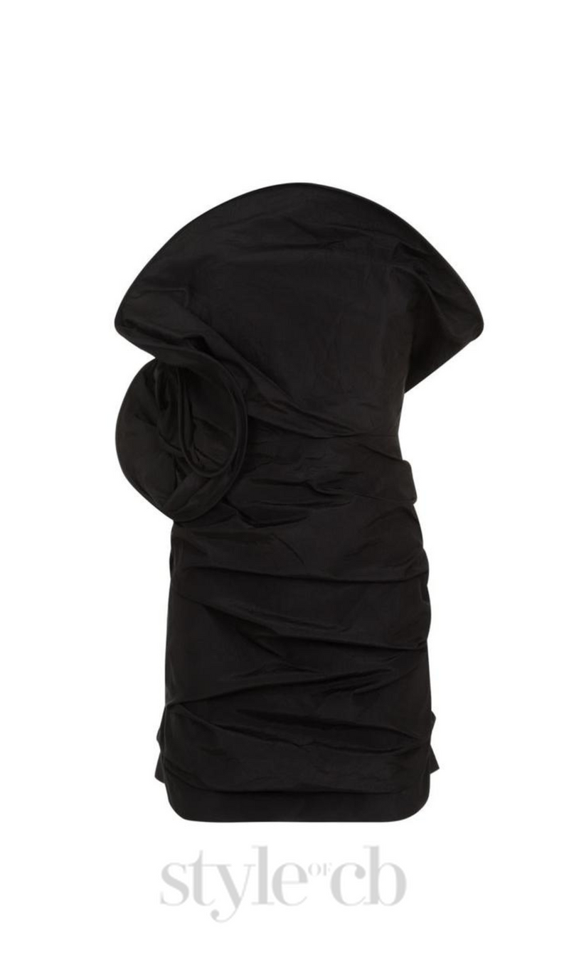 Strapless Ruffled Taffeta Mini Dress in Black