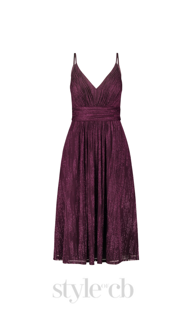 v-neckline cocktail midi dress in bordeaux