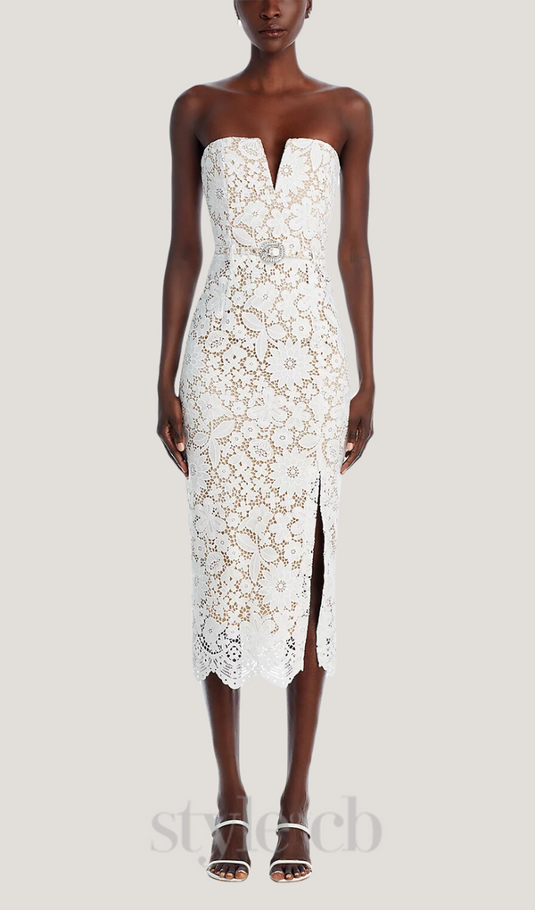 Milette v-neck Lace midi Dress in white