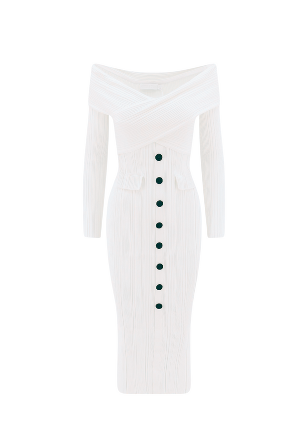 penny Off Shoulder Knit Midi Dress in Cream