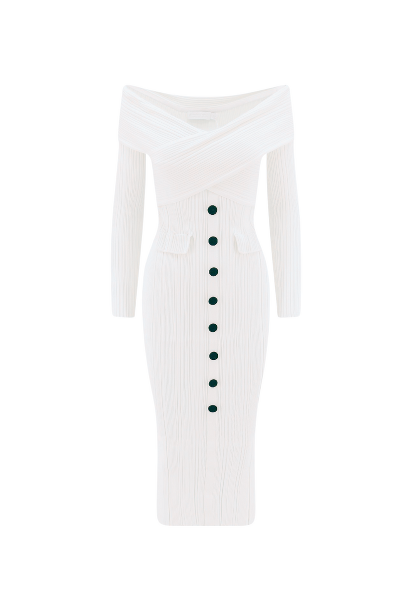 penny Off Shoulder Knit Midi Dress in Cream