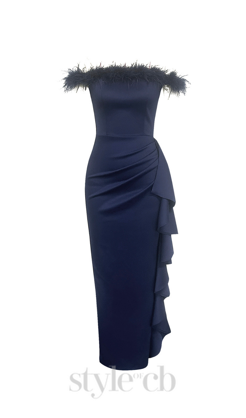 IRENE OFF SHOULDER FEATHER RUFFLE TRIM MAXI DRESS IN DARK BLUE