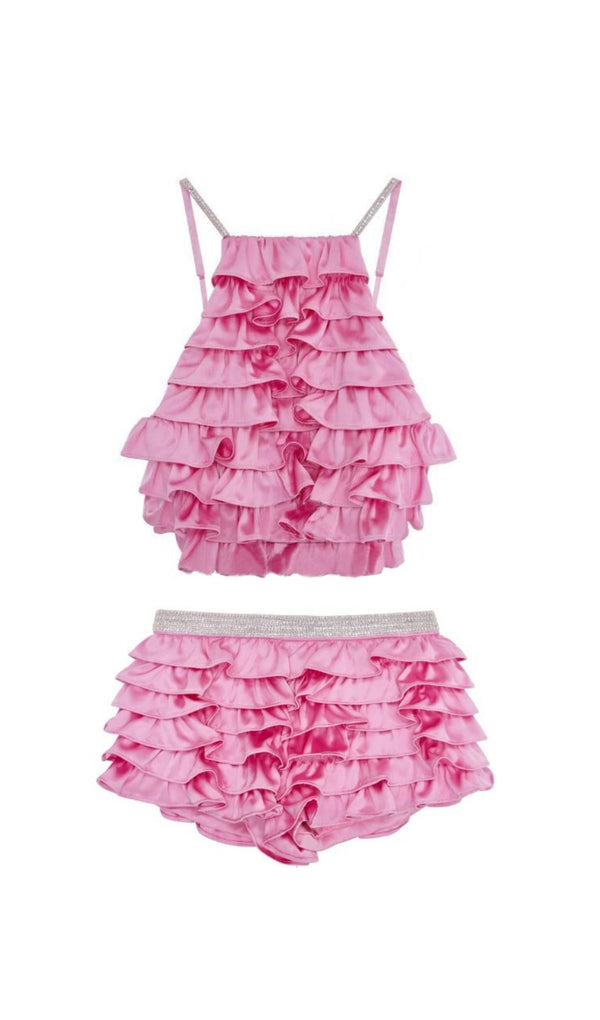 RUFFLE EMBELLISHED SHORTS TOP SET IN PINK