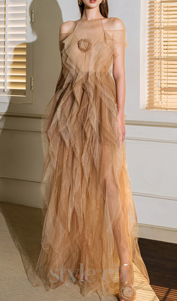 valerie floral ruffled tulle maxi dress in apricot