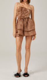 ALISA FLOWER TULLE STRAPLESS MINI DRESS IN BROWN