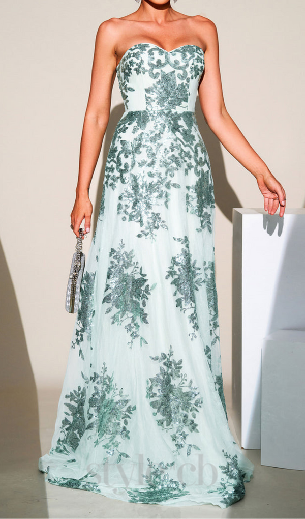 DINAH STRAPLESS SEQUIN A-LINE MAXI DRESS IN GREEN