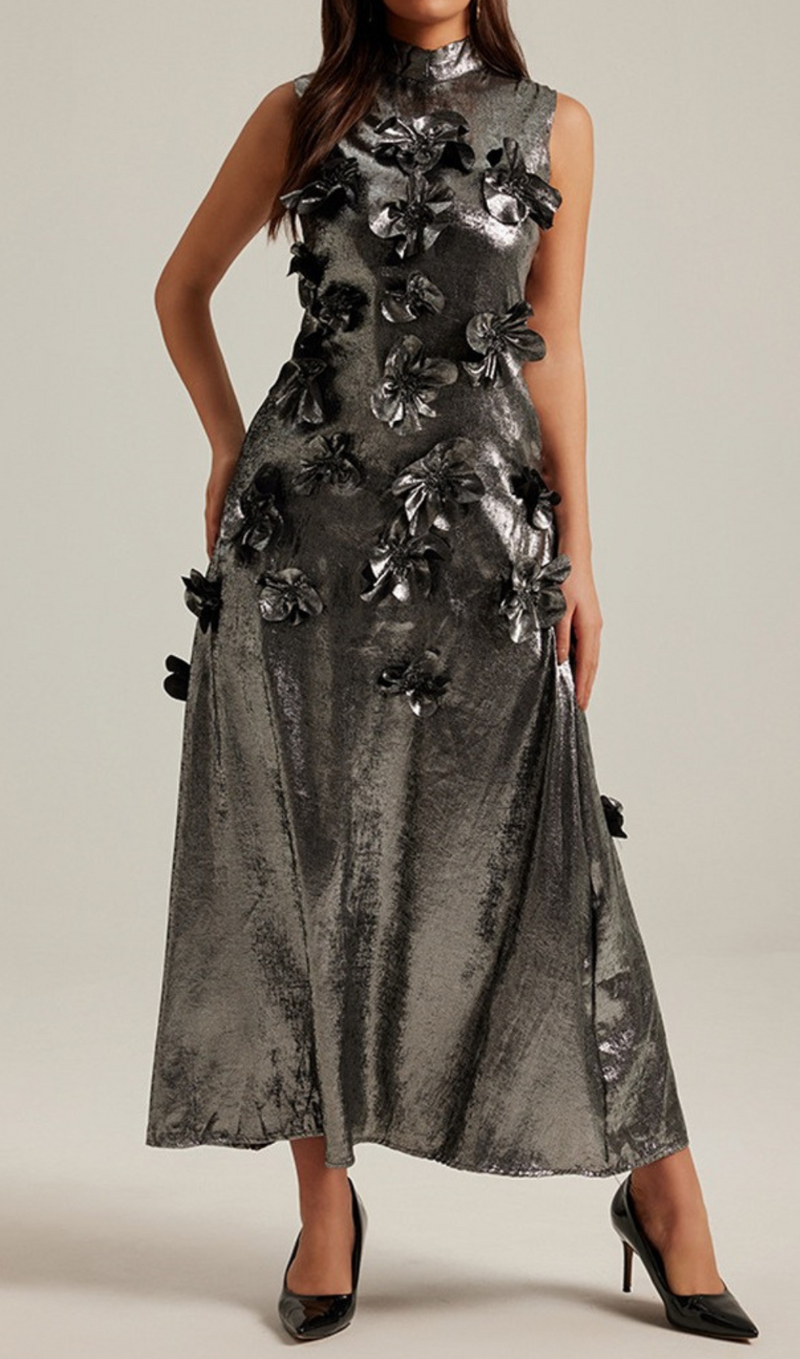 3d floral embellished maxi dress in grey