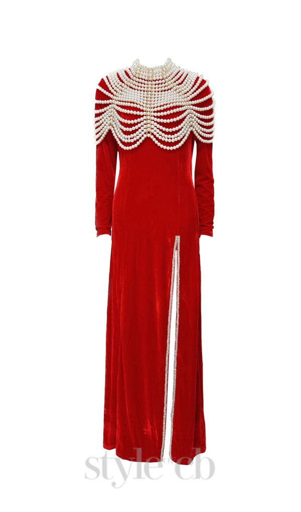 AALIYAH PEARL EMBELLISHED VELVET MAXI DRESS IN RED