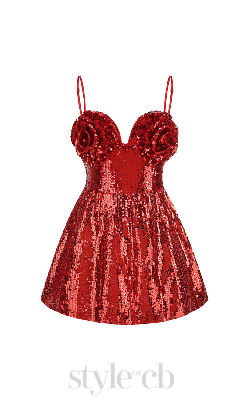 BERNICE DARK RED SEQUIN CORSAGE BANDEAU MINI DRESS