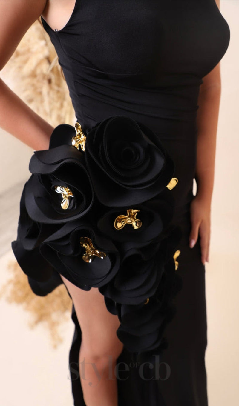 HALTER FLOWER SLIT MAXI DRESS IN BLACK