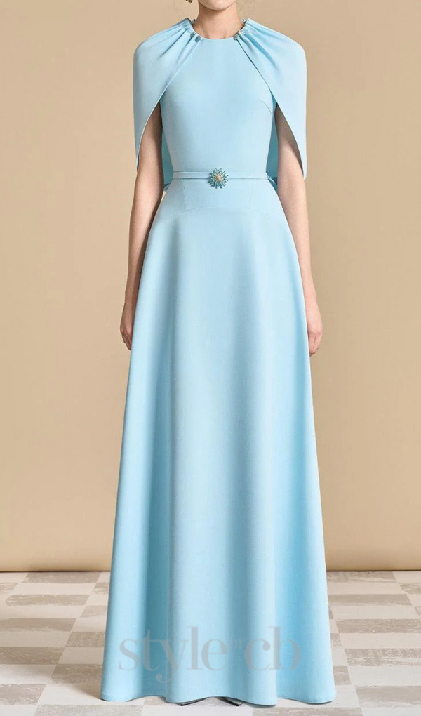 Jasmine A-line Cape Sleeved maxi Dress in light blue