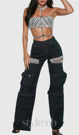 Rhinestone Cutout Cargo Jeans in Black