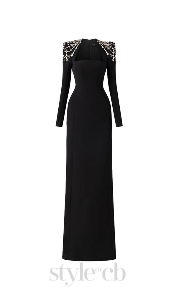 crystal-embellished black long sleeve maxi dress